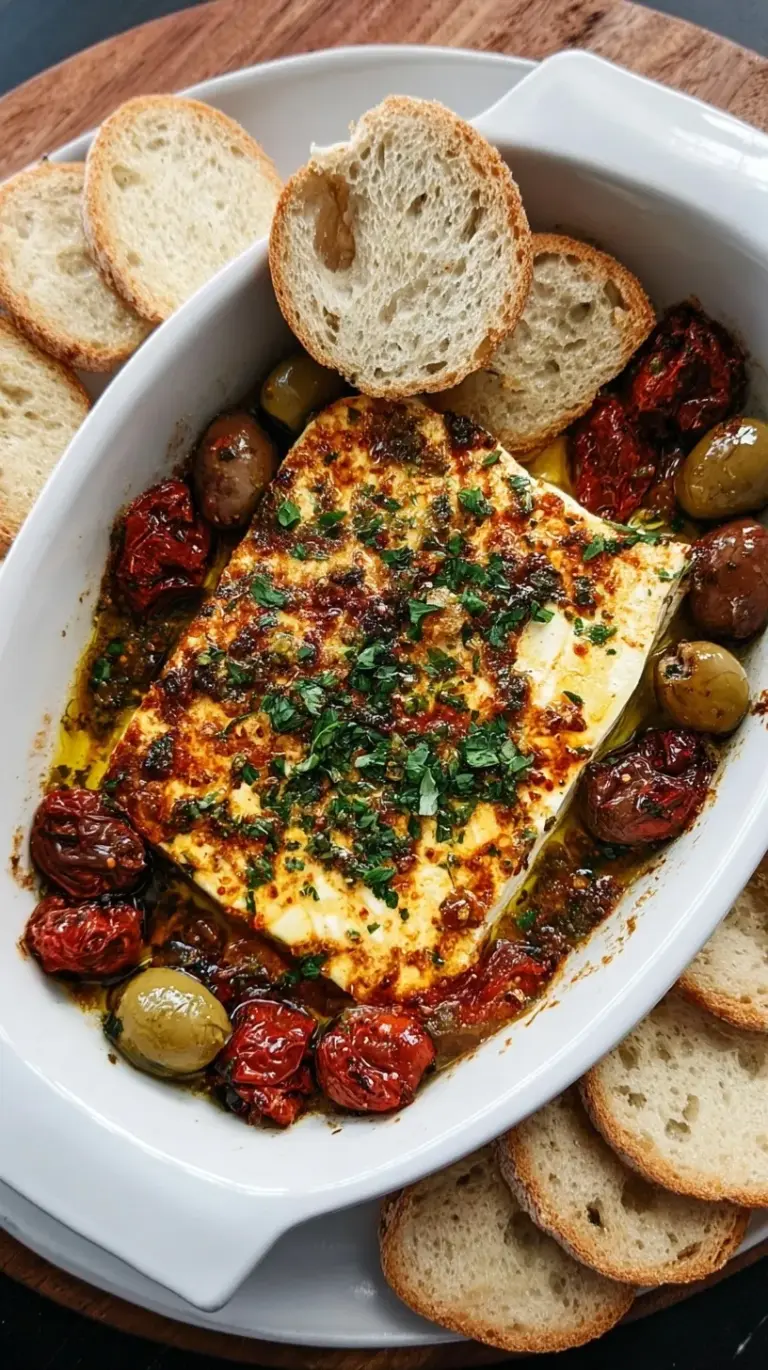 A golden block of Mediterranean Baked Feta surrounded by burst cherry tomatoes and fresh herbs in a white baking dish.