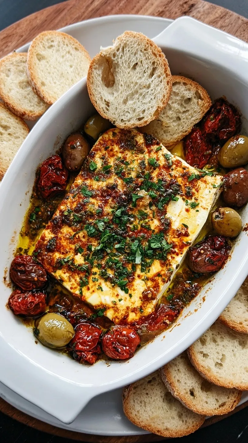 A golden block of Mediterranean Baked Feta surrounded by burst cherry tomatoes and fresh herbs in a white baking dish.