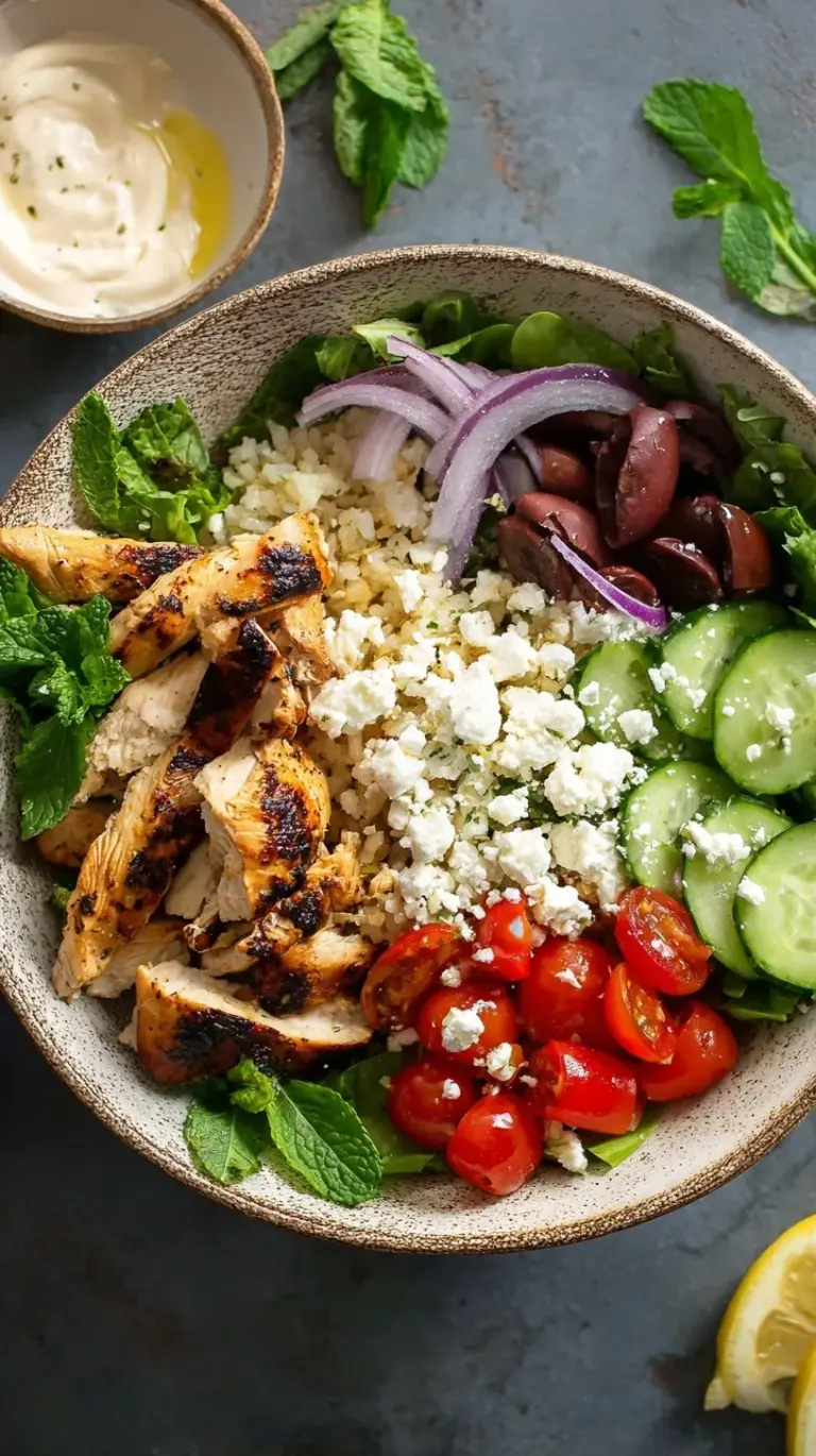 A vibrant Mediterranean chicken bowl with grilled chicken, quinoa, fresh cucumbers, tomatoes, and hummus.