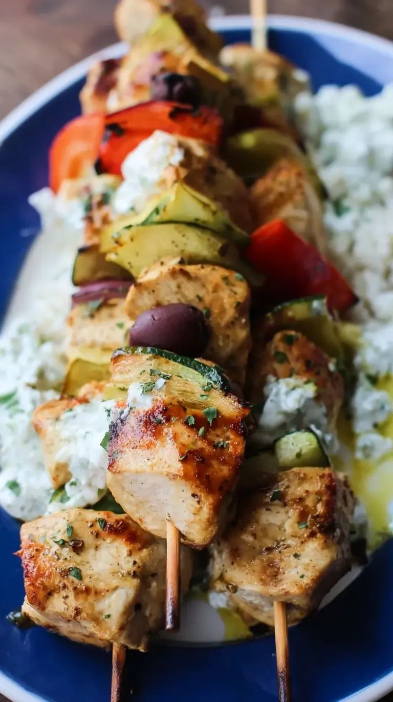 Grilled Mediterranean chicken kabobs with red peppers, onions, and zucchini on a platter