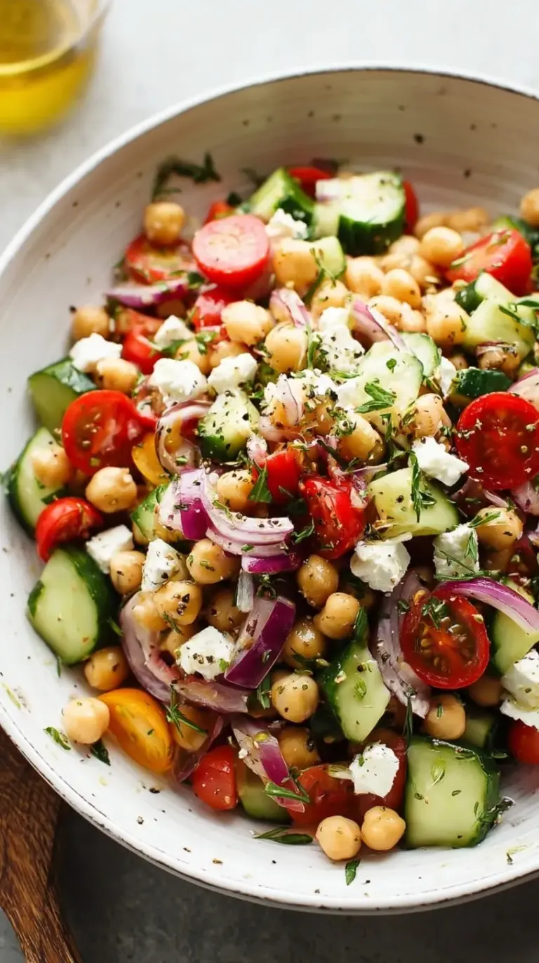 A colorful bowl of Mediterranean Chickpea Salad with fresh vegetables, herbs, and a light dressing, ready to be served.