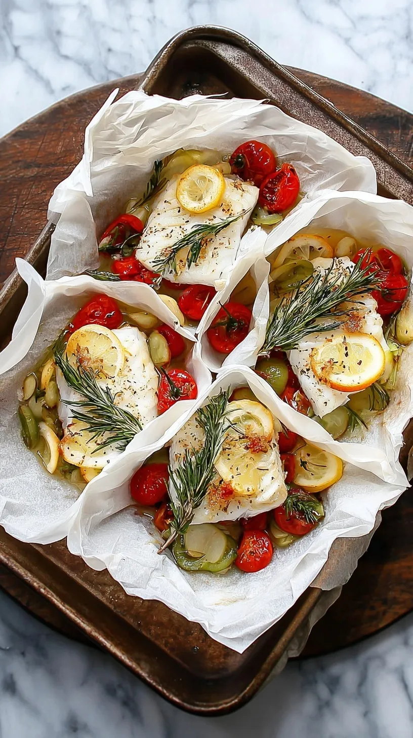 Close-up of Mediterranean Cod en Papillote, showing flaky cod, cherry tomatoes, olives, and herbs baked in parchment paper.