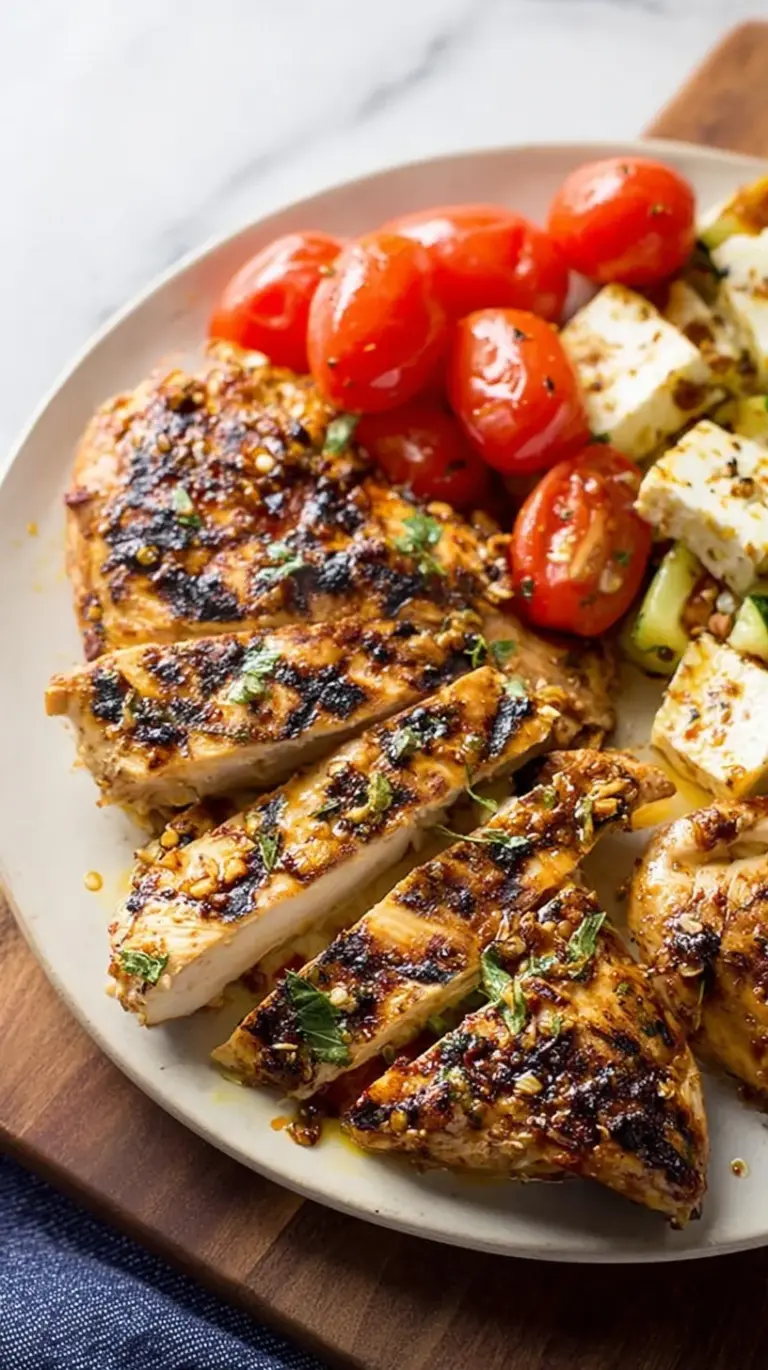 Golden grilled chicken breasts with grill marks and fresh lemon slices