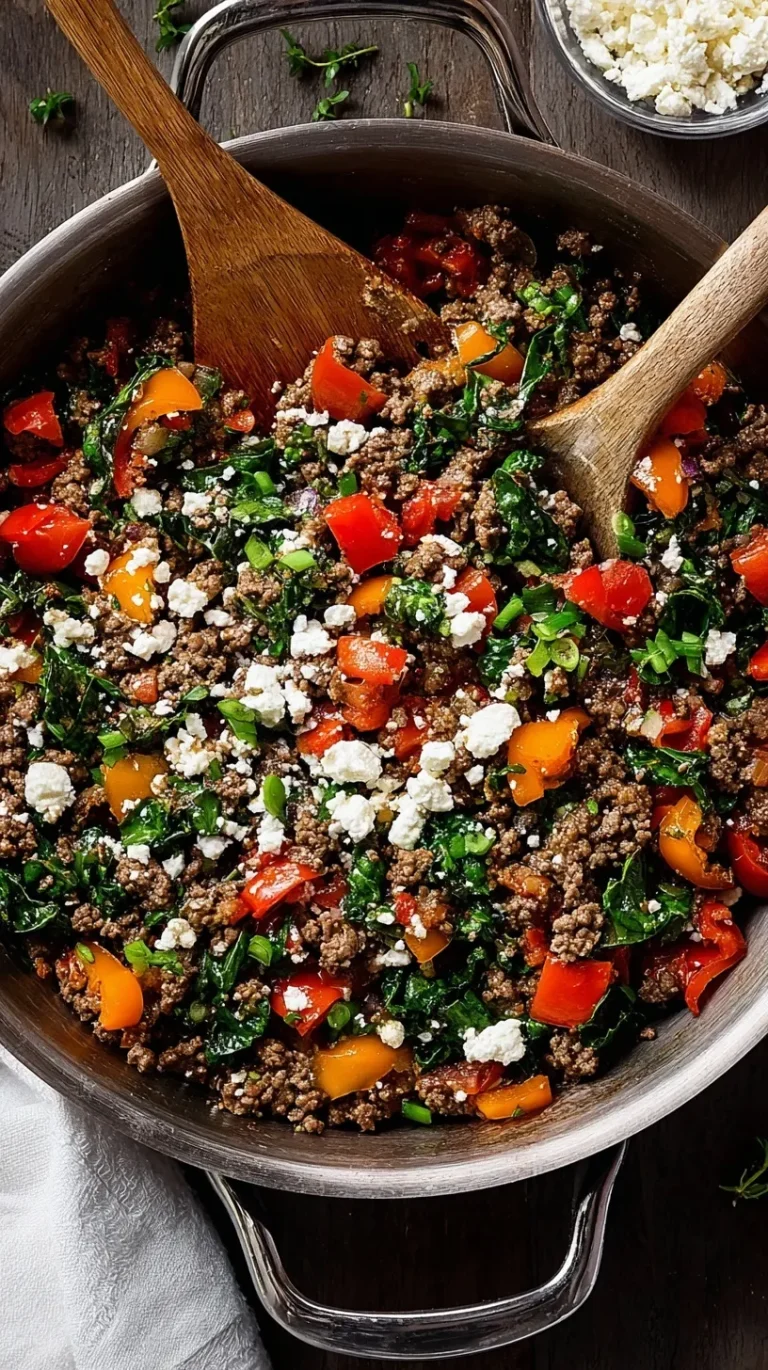 Mediterranean ground beef stir fry with peppers, tomatoes, and olives in a skillet
