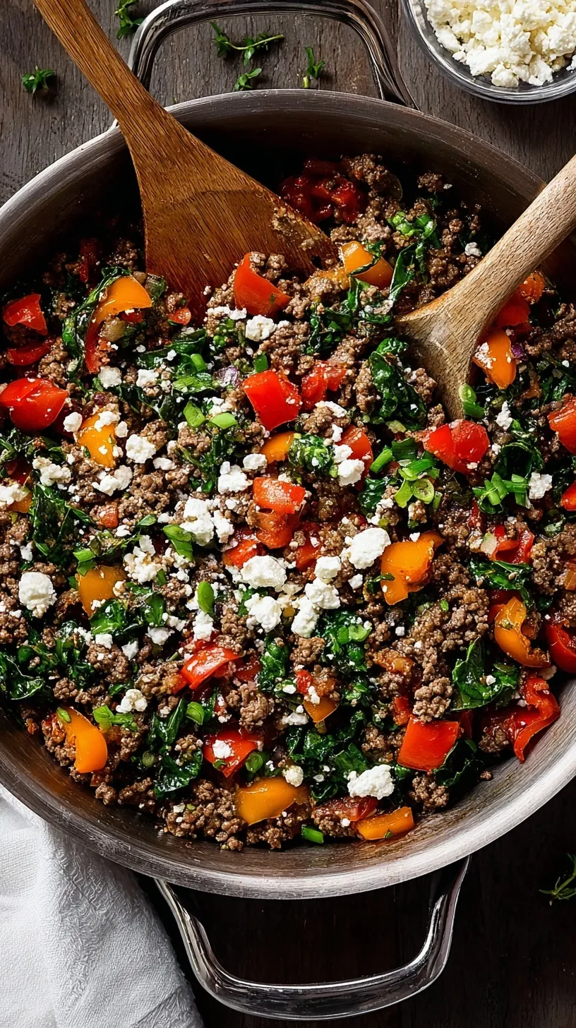 Mediterranean ground beef stir fry with peppers, tomatoes, and olives in a skillet