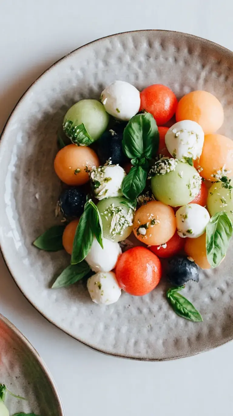 A vibrant melon mozzarella salad with fresh basil and balsamic glaze on a white platter.