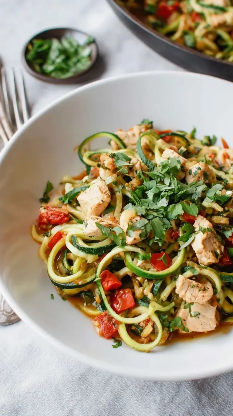 A skillet filled with seasoned chicken, colorful bell peppers, and spiralized zucchini noodles garnished with cilantro.