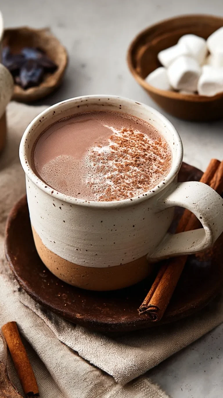 Cup of rich Mexican hot chocolate topped with cinnamon and whipped cream on wooden table