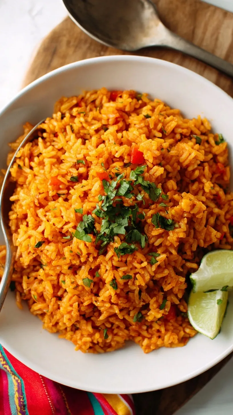 A colorful bowl of fluffy Mexican rice with peas and carrots, garnished with fresh cilantro.