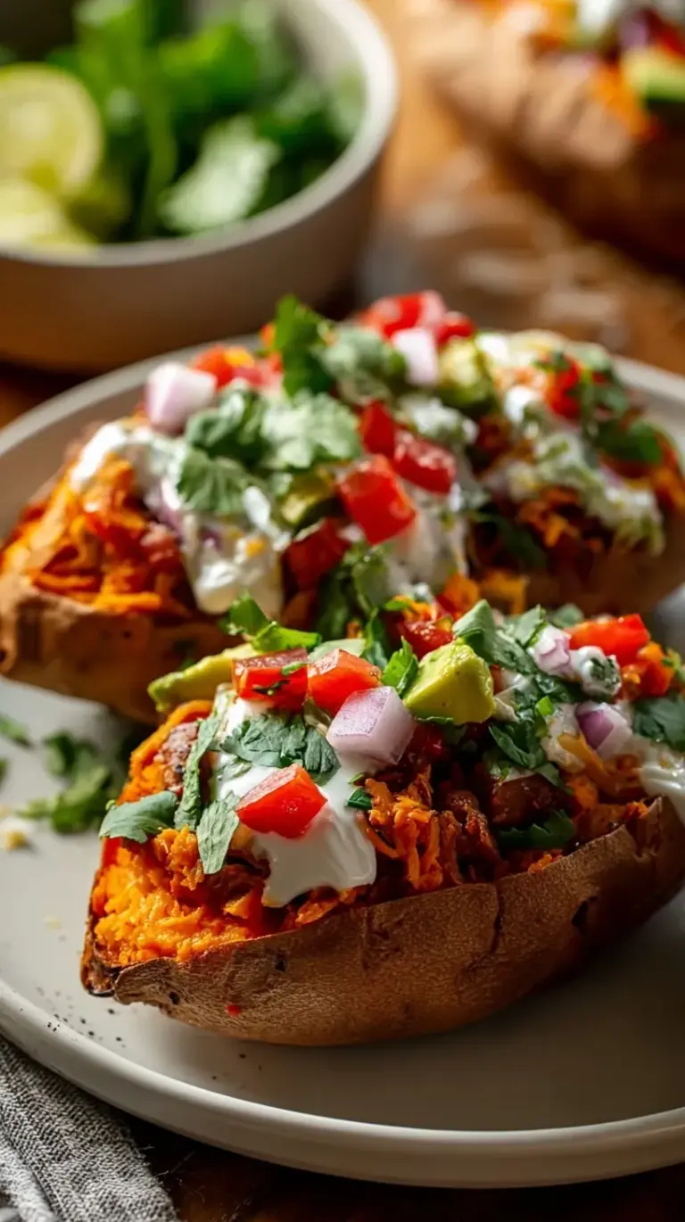 Roasted Mexican Stuffed Sweet Potatoes topped with black beans, corn, and avocado