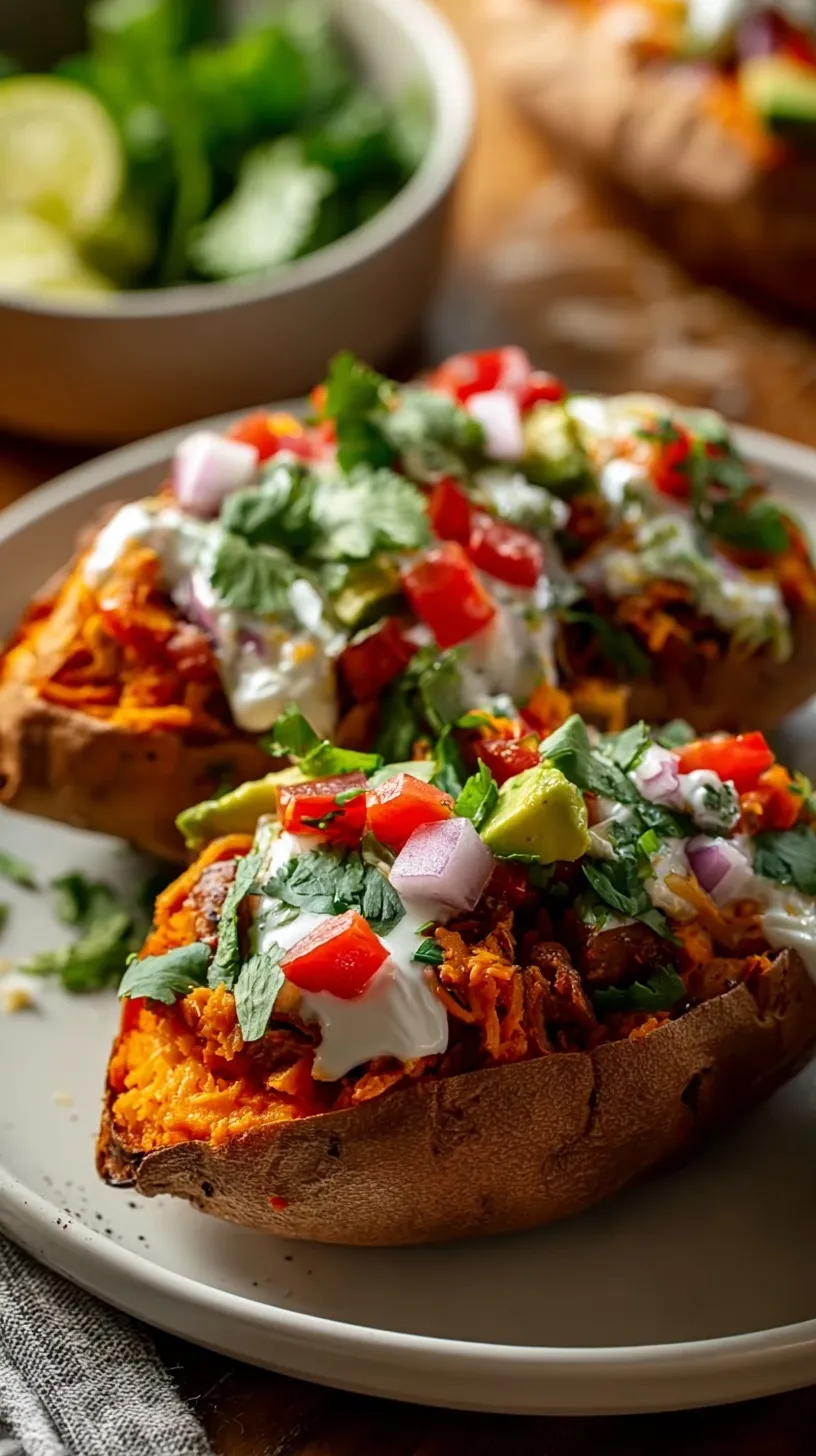Roasted Mexican Stuffed Sweet Potatoes topped with black beans, corn, and avocado