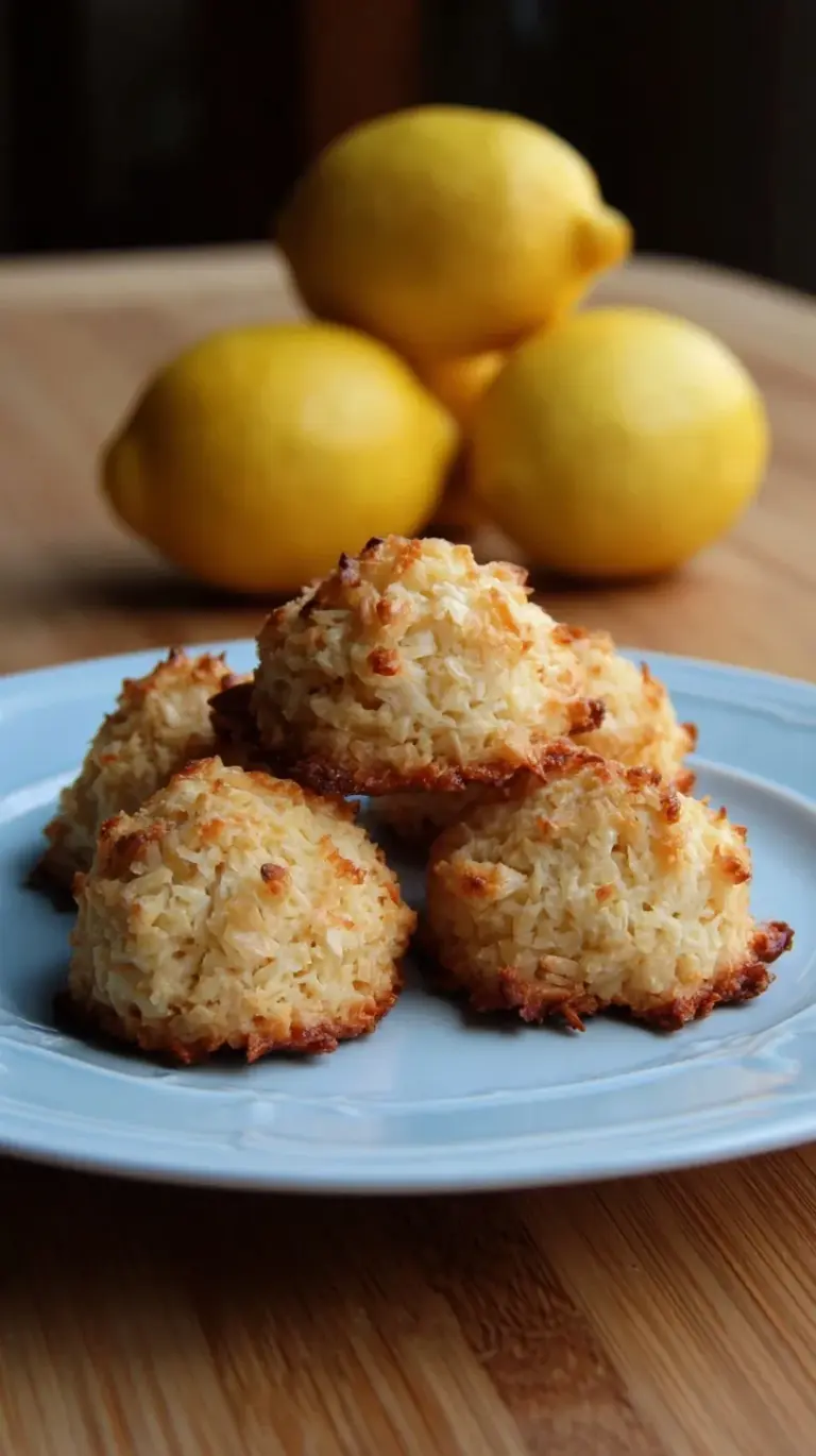 Golden brown Meyer Lemon Coconut Macaroons on a white platter with fresh lemon zest