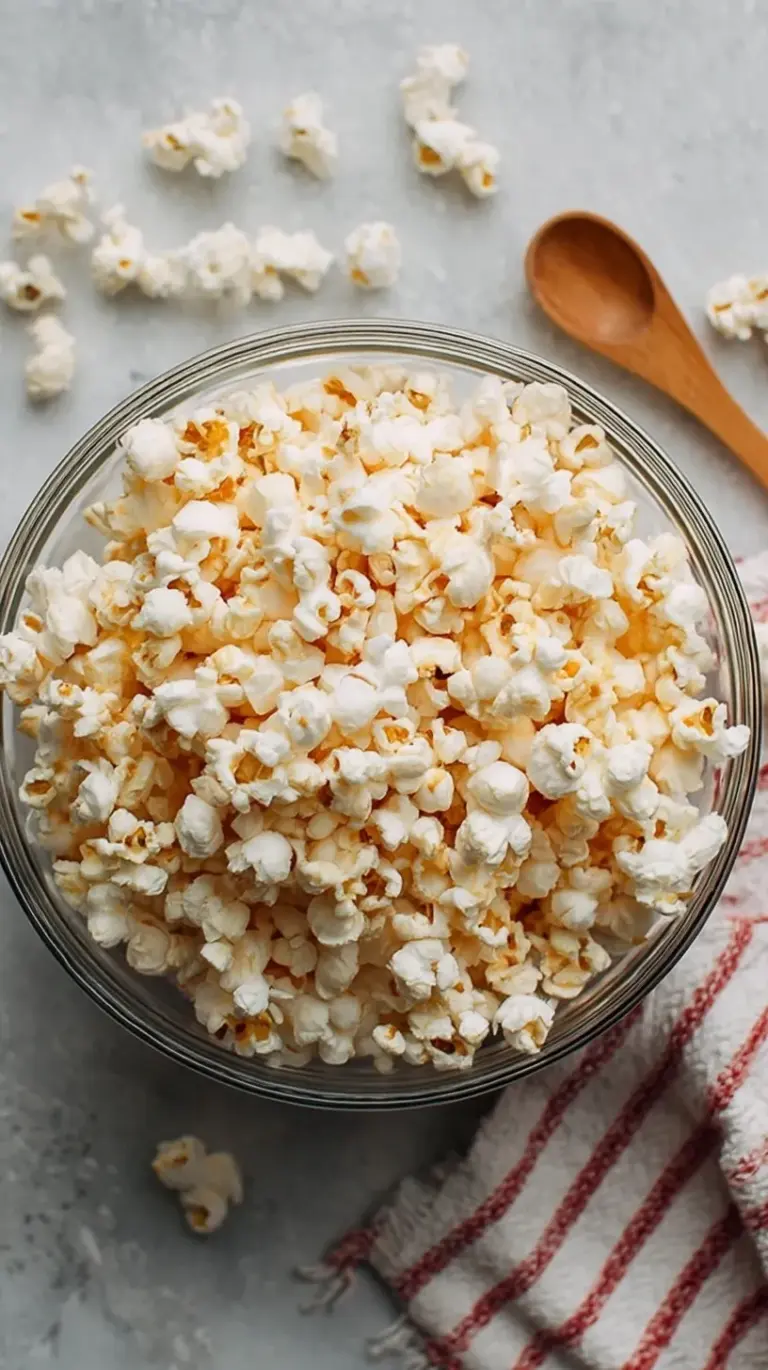 A large glass bowl filled with fluffy white microwave popcorn seasoned with sea salt.