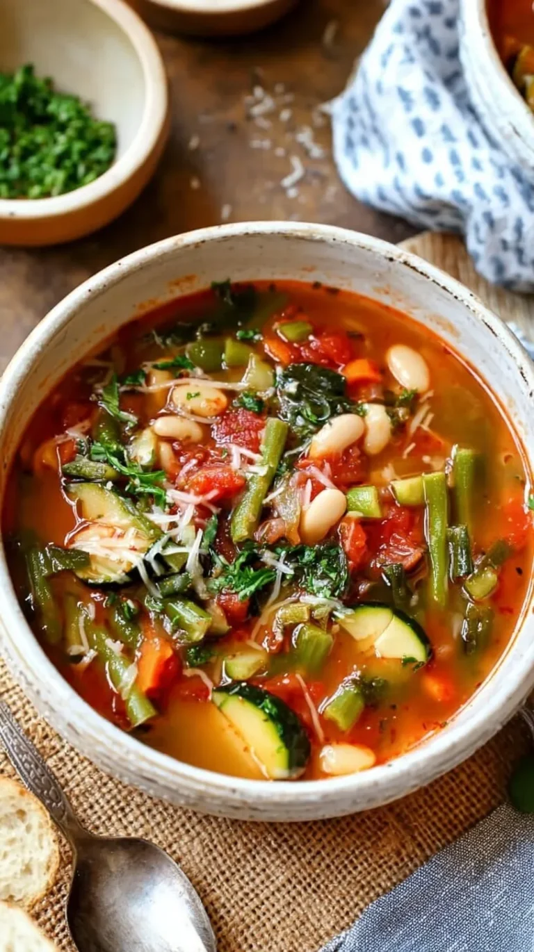 Bowl of hearty minestrone soup with vegetables, beans, and pasta topped with fresh herbs and parmesan cheese