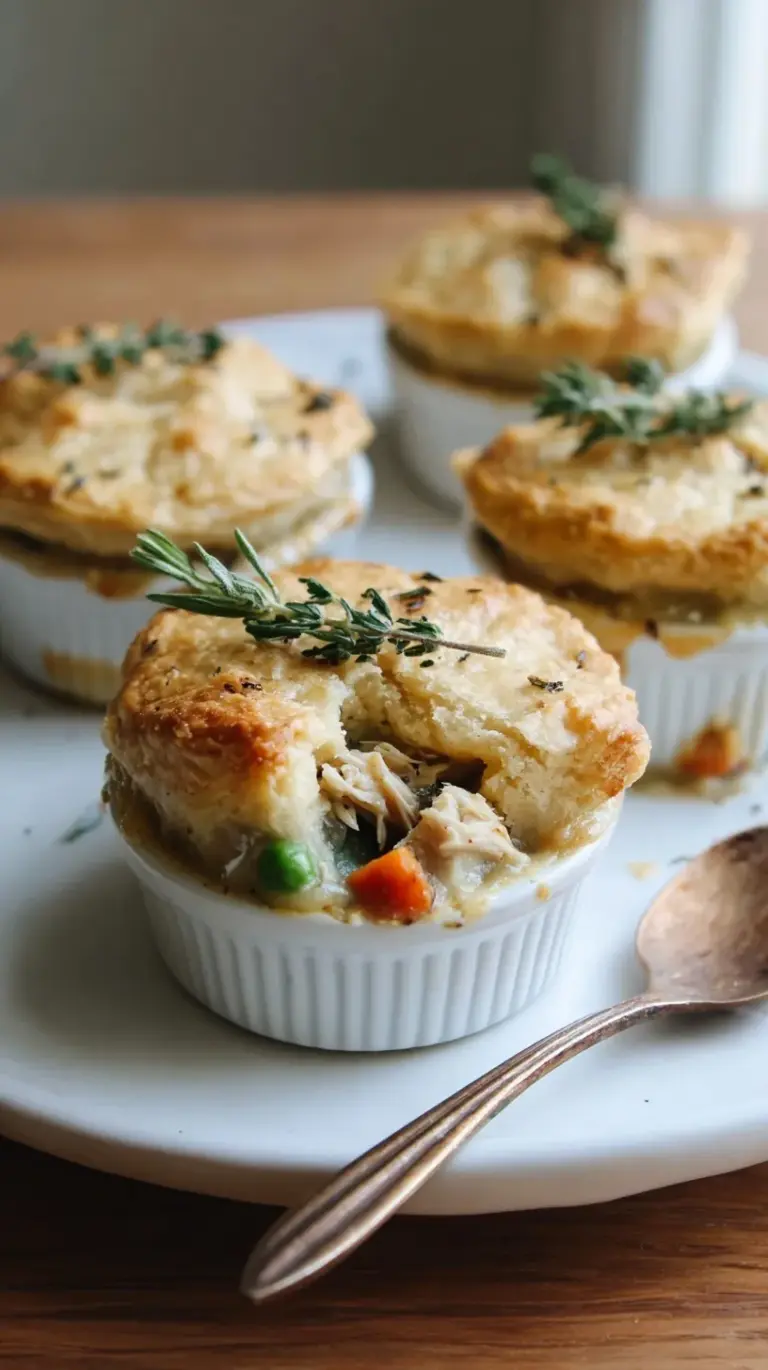 Golden brown mini chicken pot pies in a muffin tin, showcasing a flaky gluten-free and paleo crust.