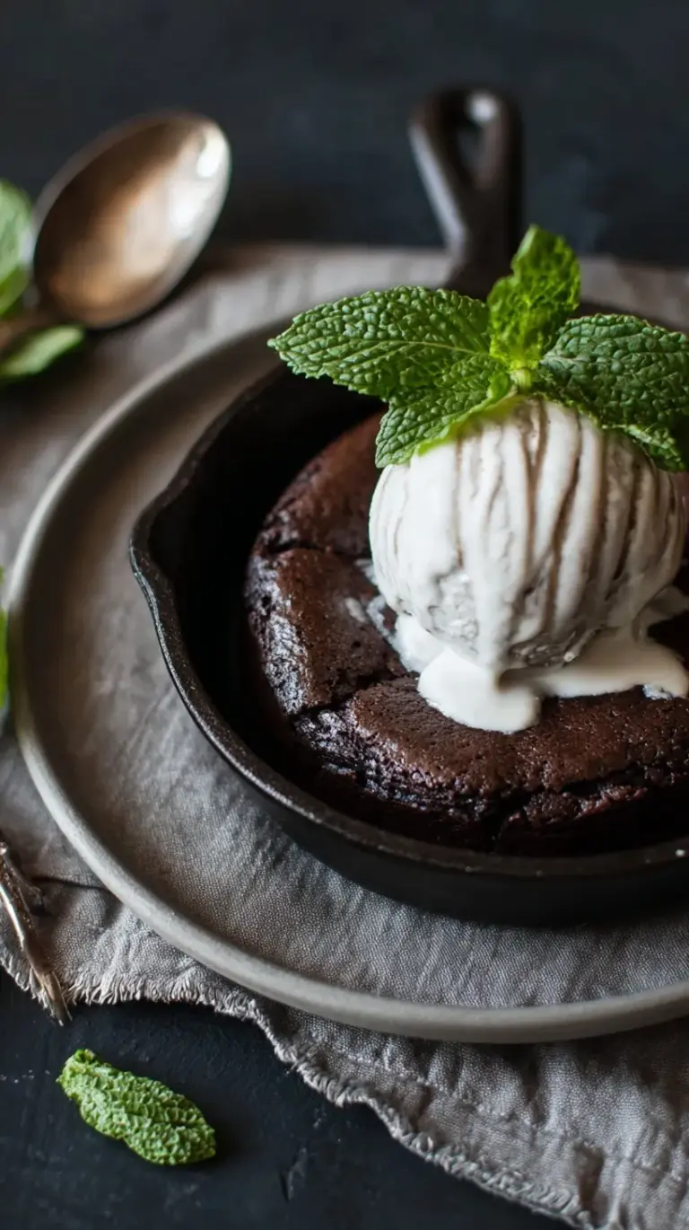 Warm mini skillet brownies topped with a scoop of green mint chocolate chip ice cream