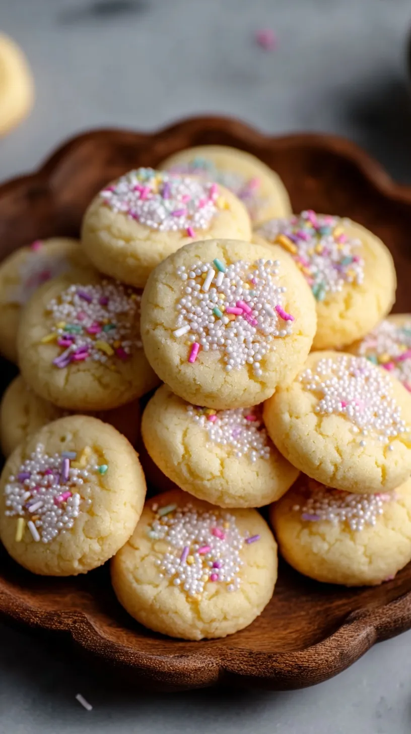 A pile of tiny, golden-edged mini sugar cookies on a white plate.