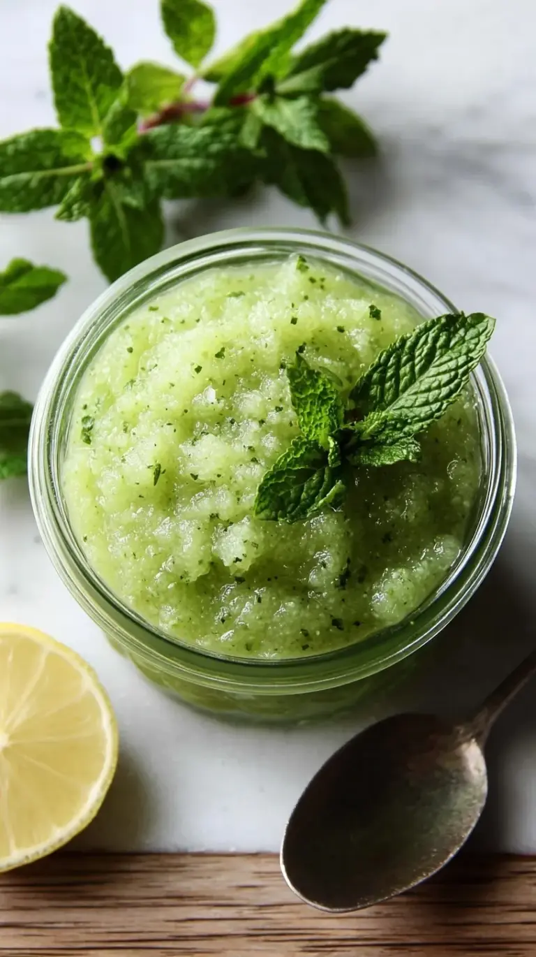 A bowl of vibrant green homemade mint apple sauce garnished with fresh mint leaves and apple slices.