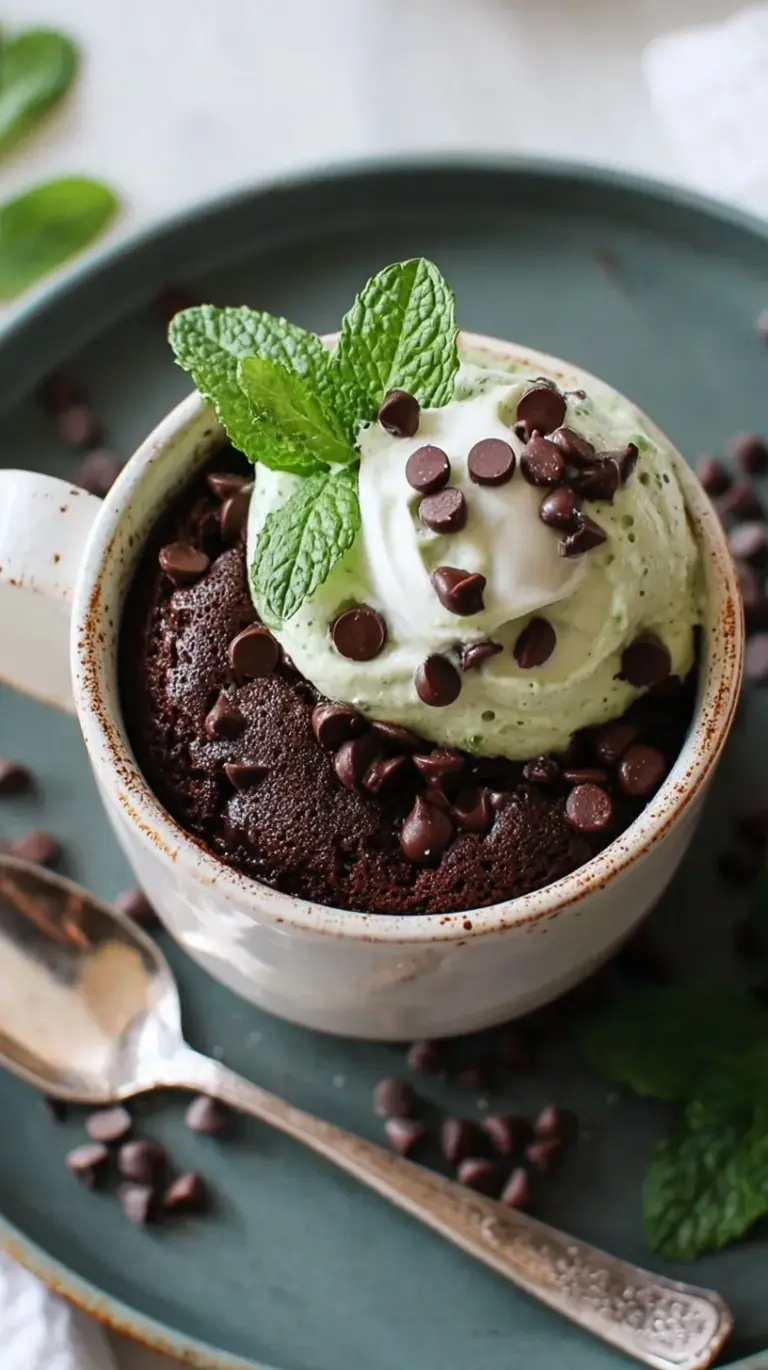 A green mint chocolate chip mug cake in a white ceramic mug with melted chocolate chips on top
