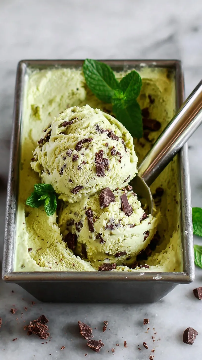 A bowl of green mint chocolate chip nice cream topped with dark chocolate chips