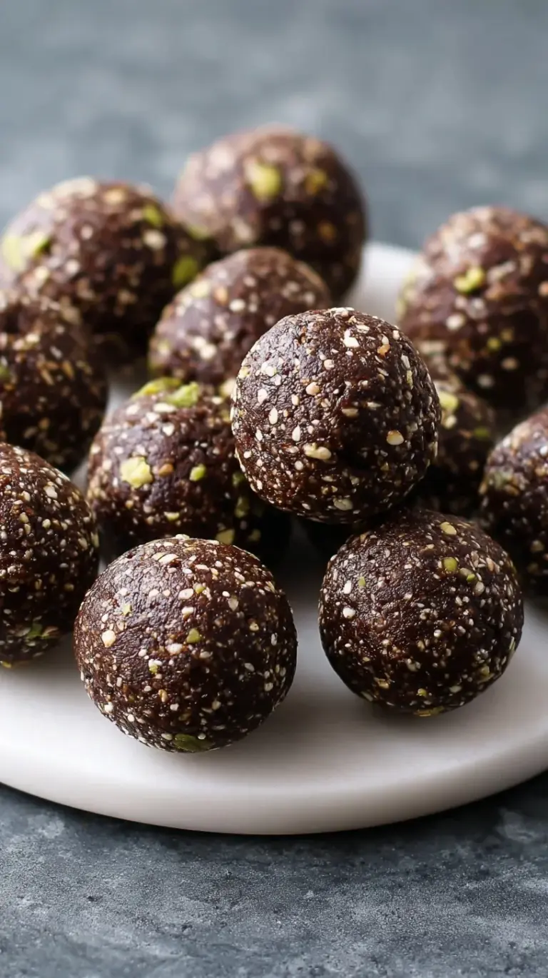 A plate of round mint chocolate energy balls with mini chocolate chips