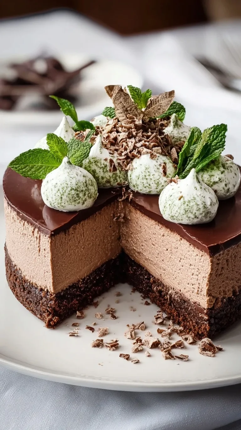 Slice of mint chocolate mousse cake with chocolate cookie crust and creamy mint layers on a white plate