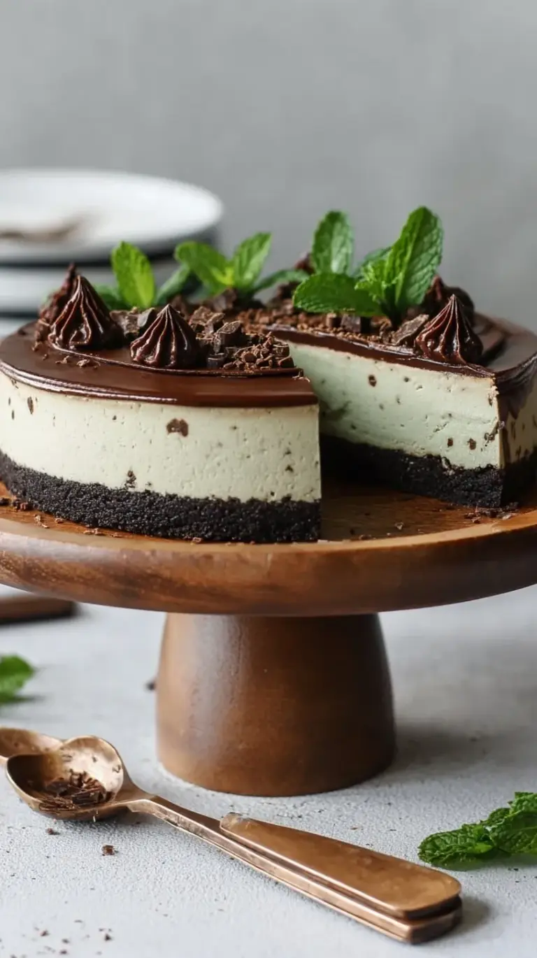 A slice of green mint chocolate vegan cheesecake with chocolate chips on a cocoa crust.