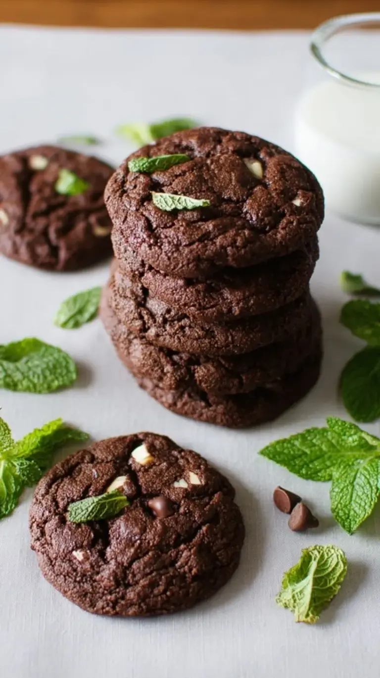 A stack of dark chocolate cookies with green mint chips on a cooling rack