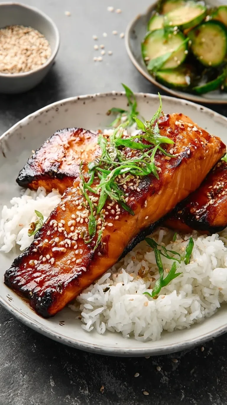 Miso salmon fillet with glossy caramelized glaze on white plate with sesame seeds and green onions