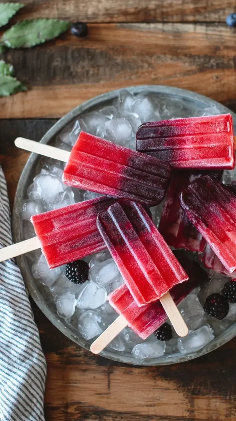 A stack of vibrant red and purple mixed berry popsicles on a wooden board