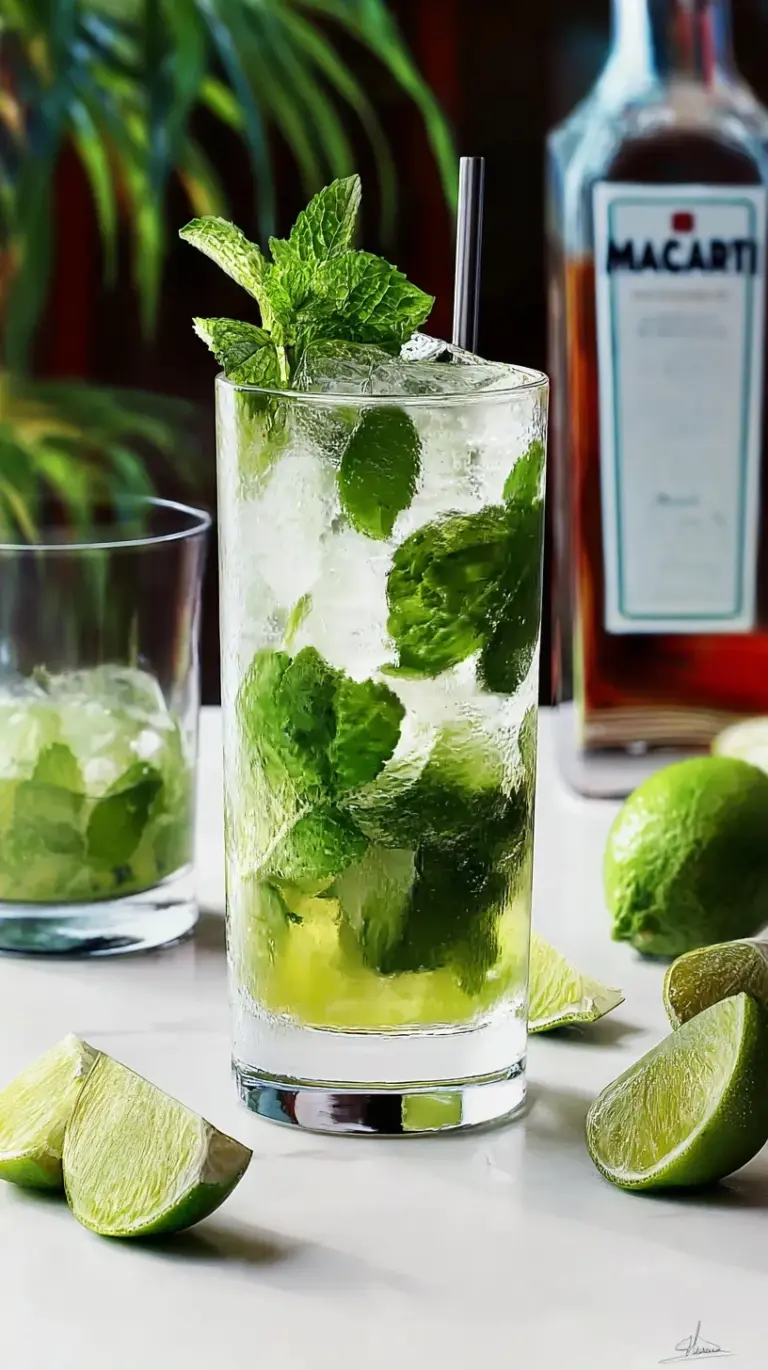 A refreshing classic mojito in a highball glass with fresh mint and lime wedges