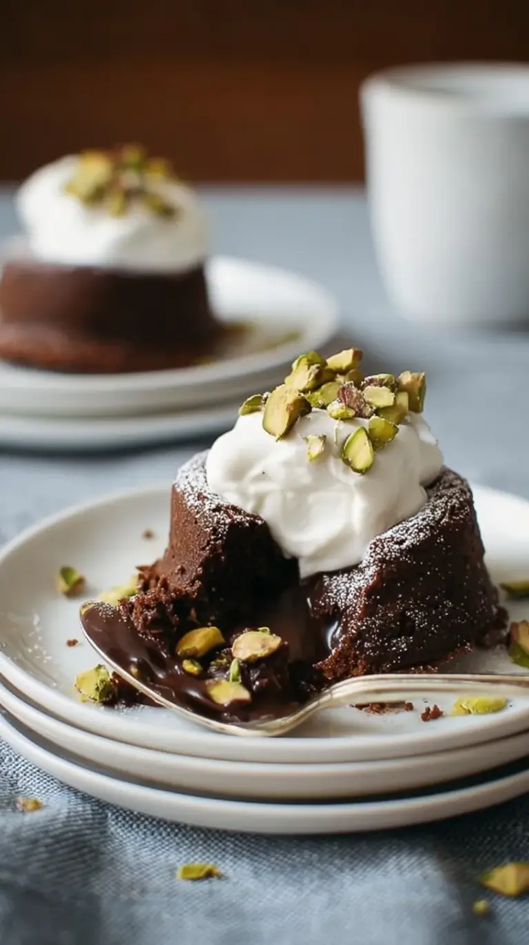 A warm Molten Chocolate Cake on a white plate with coconut whipped cream and crushed pistachios.