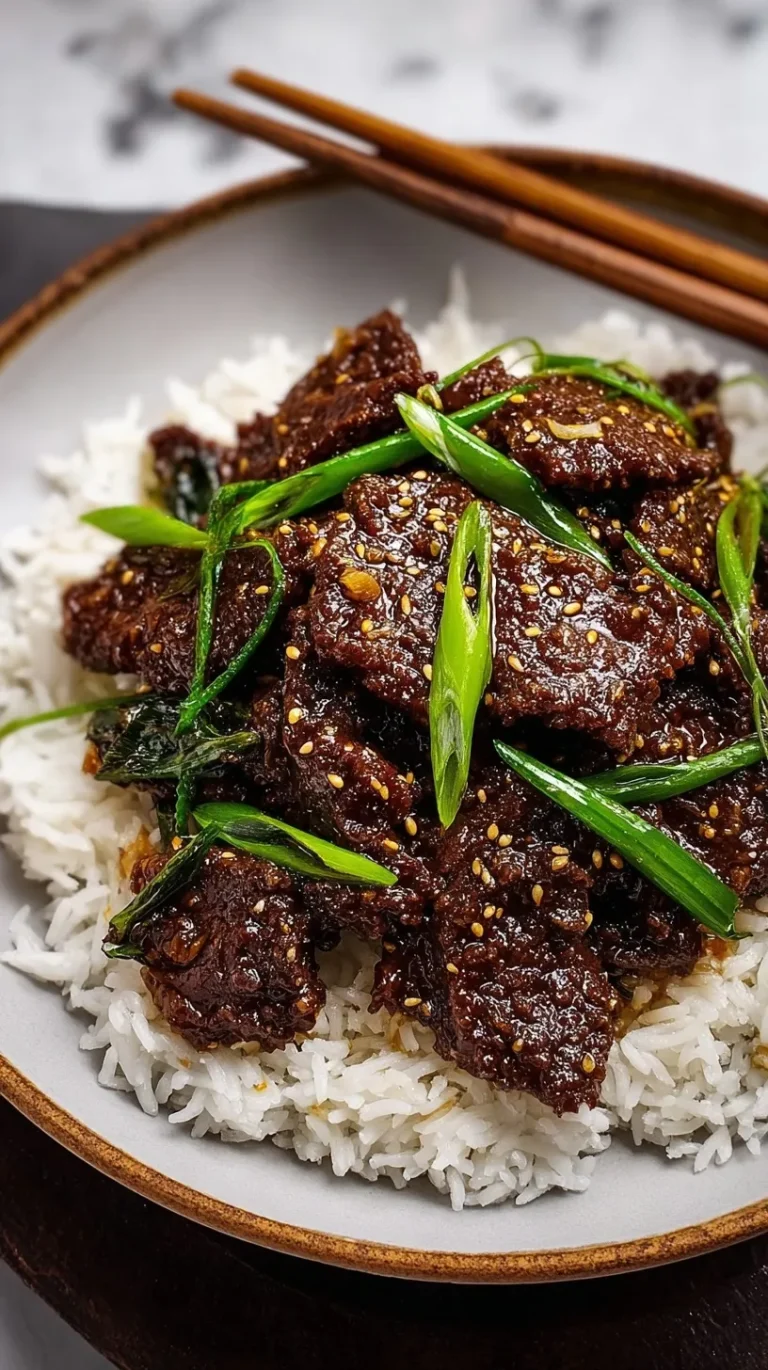 Mongolian beef with green onions in a dark sauce served over white rice in a white bowl