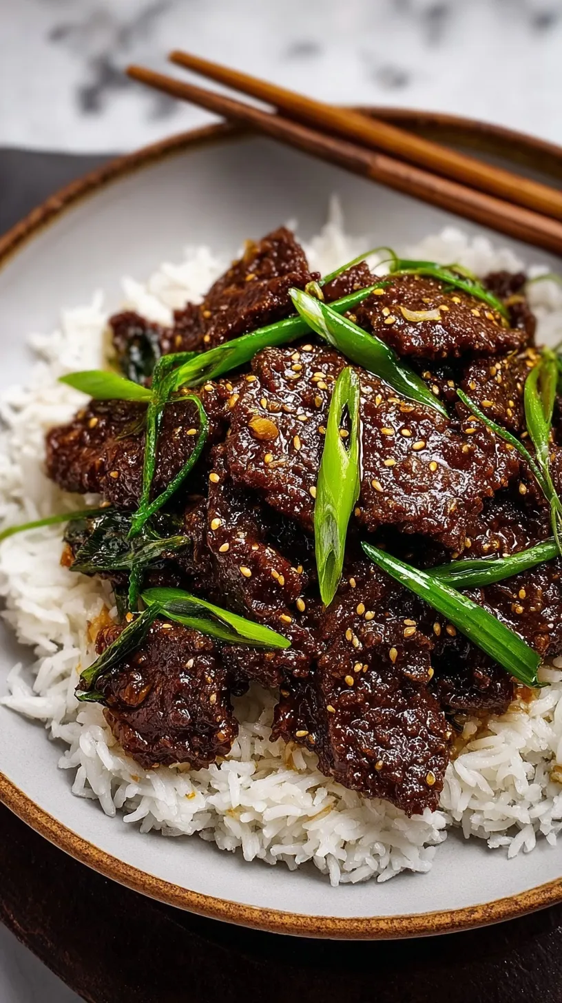 Mongolian beef with green onions in a dark sauce served over white rice in a white bowl