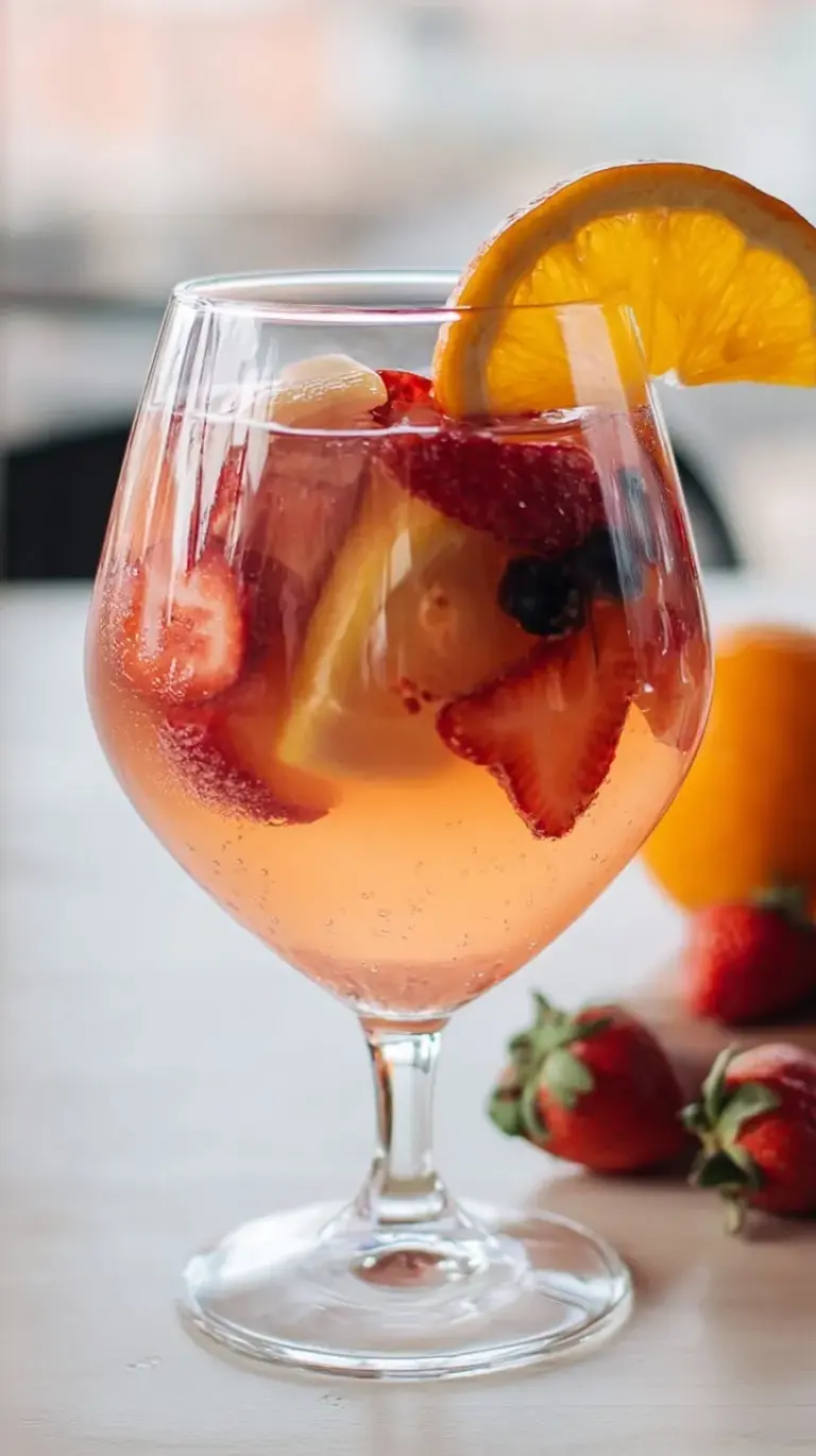 A large glass pitcher of Moscato Sangria filled with sliced peaches, strawberries, and citrus rounds