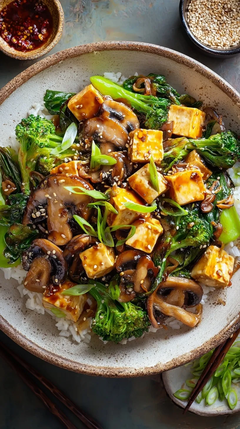 Golden seared tofu cubes and browned mushrooms in a glossy ginger-soy glaze garnished with green onions