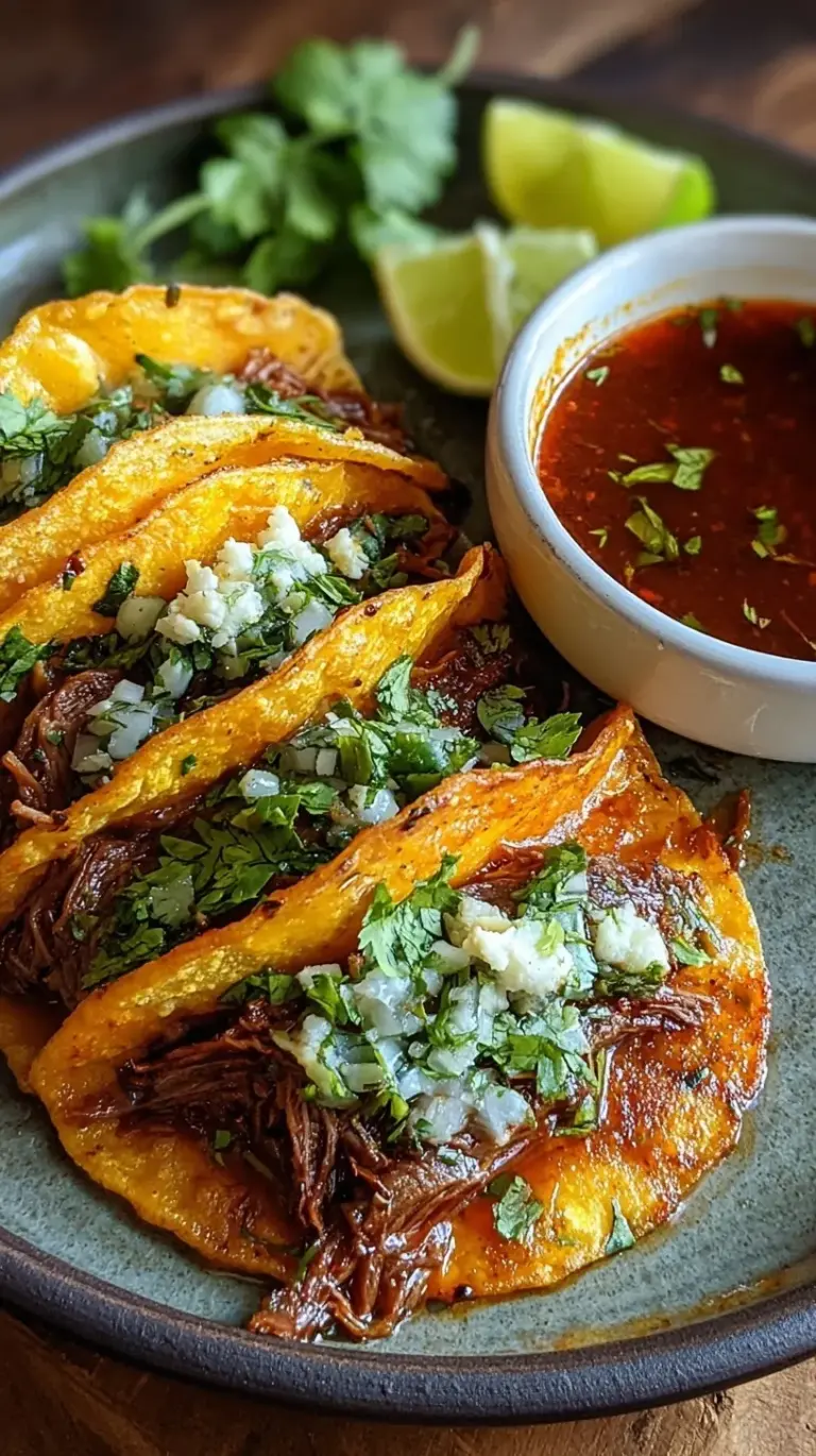 Close up of three crispy birria tacos on a plate with a small bowl of dark red consommé dipping sauce and lime wedges.