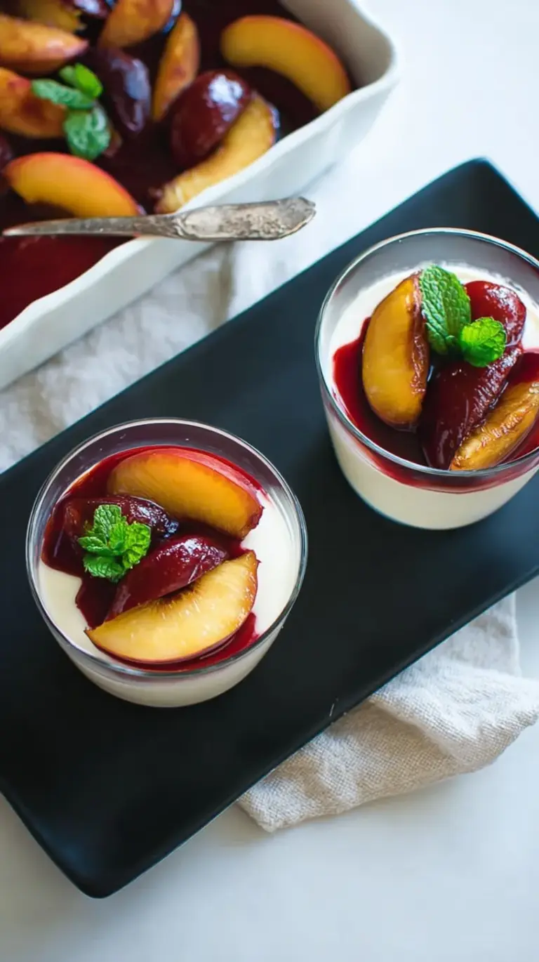 A close up of a dairy-free panna cotta topped with vibrant roasted plums and syrup in a glass ramekin.