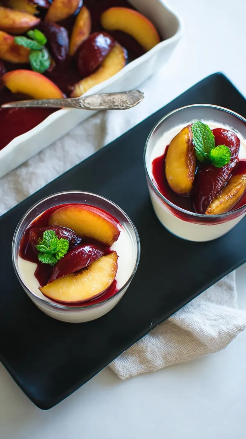 A close up of a dairy-free panna cotta topped with vibrant roasted plums and syrup in a glass ramekin.