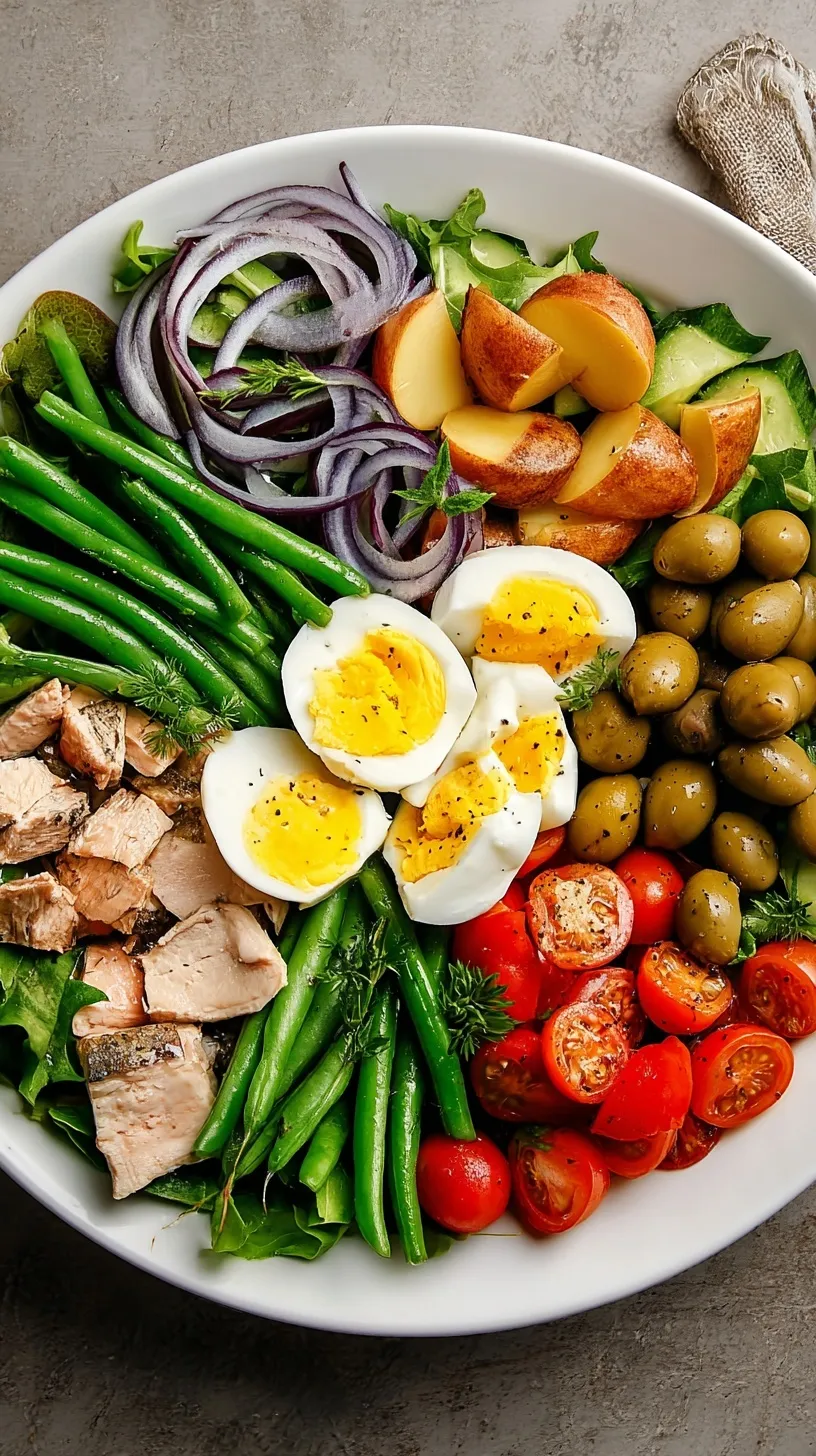 A vibrant Classic Niçoise Salad platter with tuna, green beans, eggs, and olives