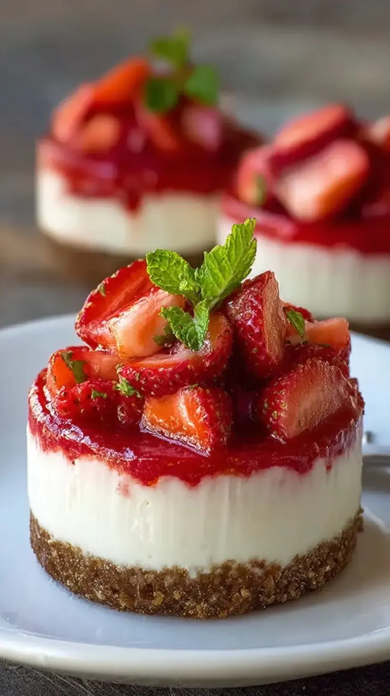 Individual glass jars filled with pink strawberry cheesecake mousse and graham cracker crust topped with fresh berries.