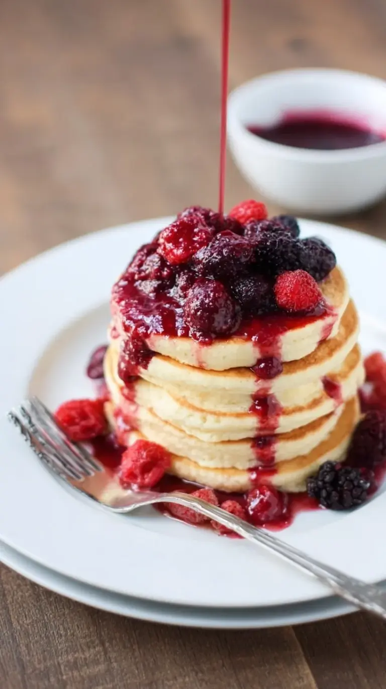 Stack of fluffy nut-free paleo pancakes topped with a vibrant purple berry compote on a white plate.