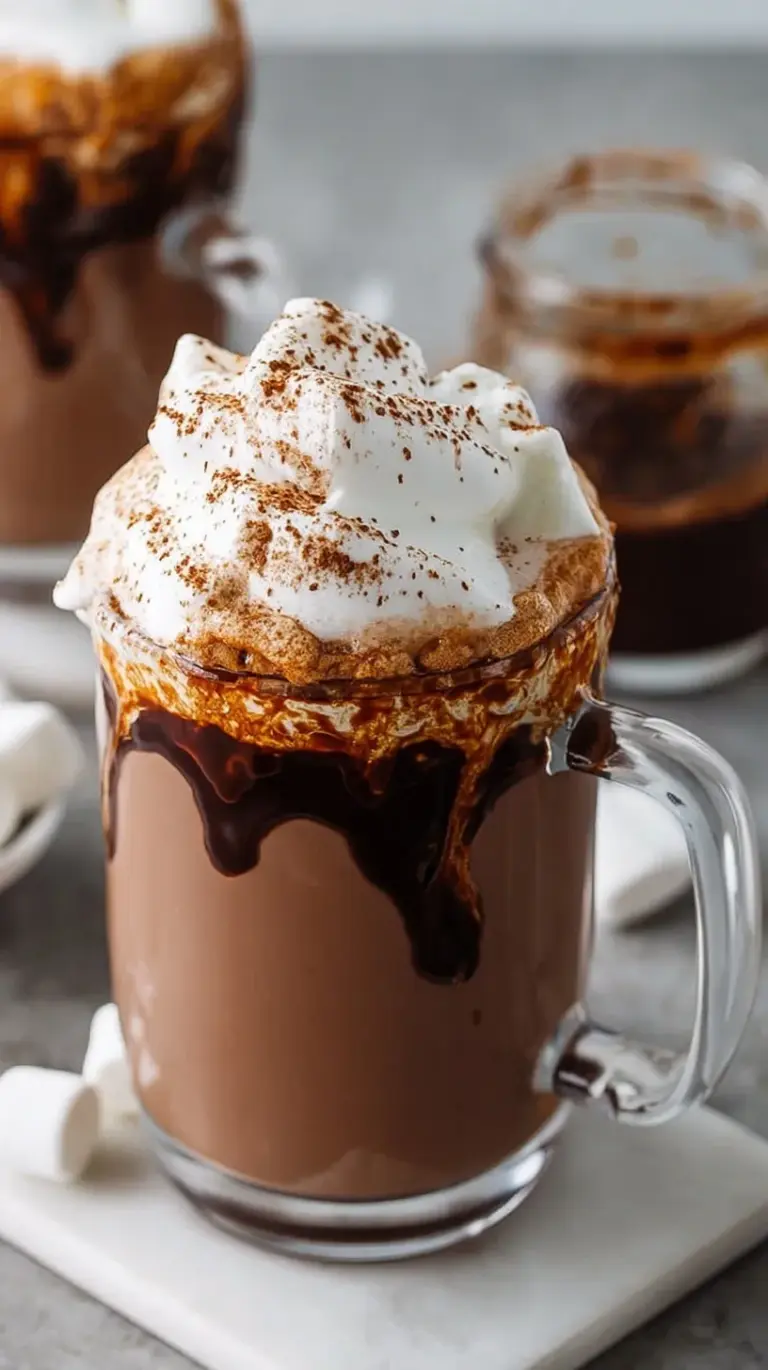 A steaming mug of rich Nutella hot chocolate topped with a swirl of whipped cream