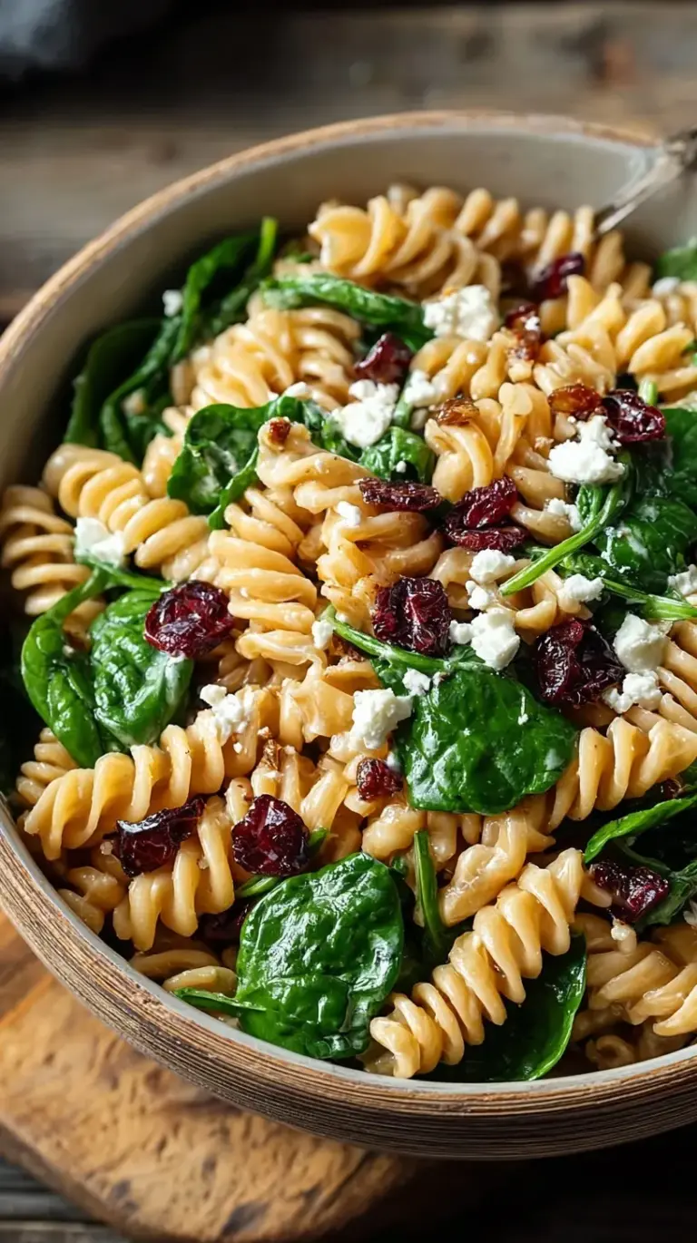 A colorful bowl of spinach pasta salad with feta cheese and dried cranberries on a wooden table.