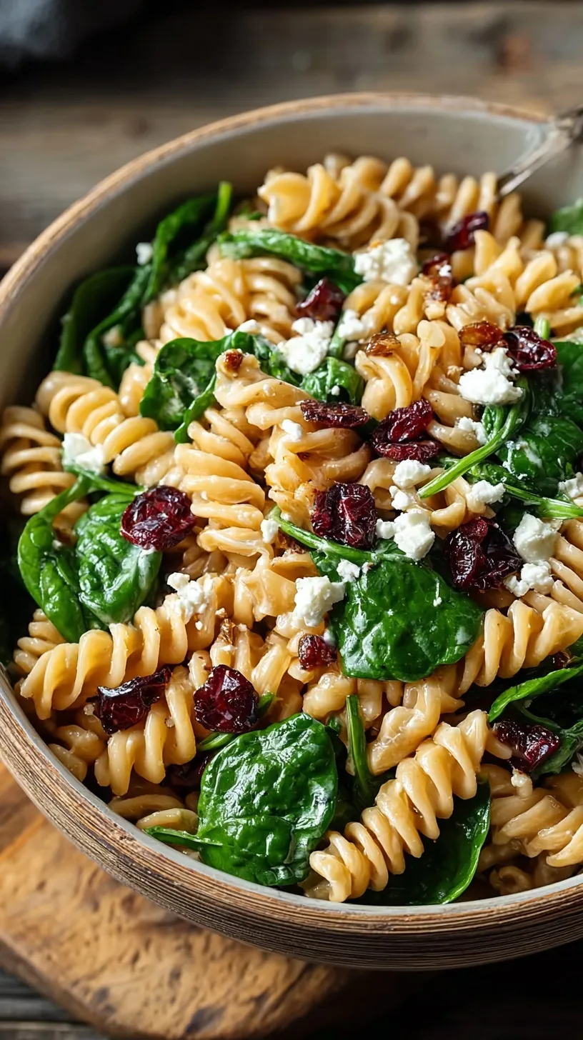 A colorful bowl of spinach pasta salad with feta cheese and dried cranberries on a wooden table.