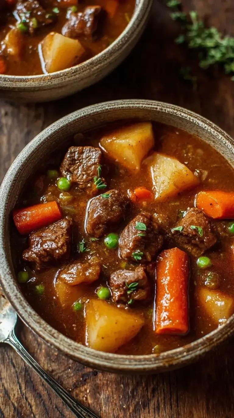 A steaming bowl of old fashioned beef stew with tender carrots and potatoes.