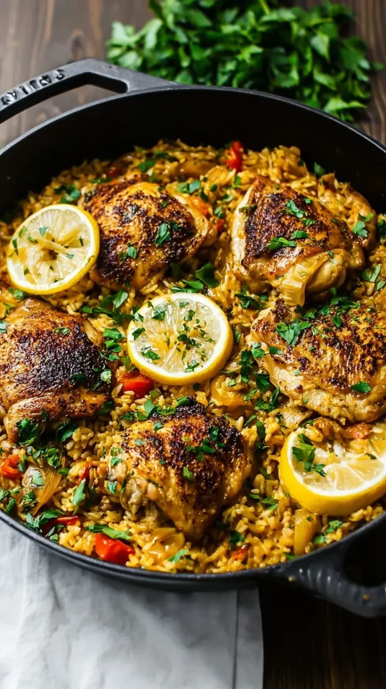 A golden-brown One Pan Chicken and Rice dish with tender chicken pieces, fluffy rice, and roasted vegetables, garnished with fresh parsley.