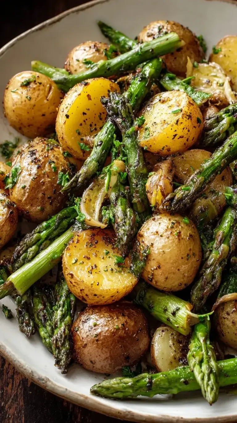 A sheet pan filled with golden roasted baby potatoes and vibrant green asparagus spears seasoned with garlic and herbs.