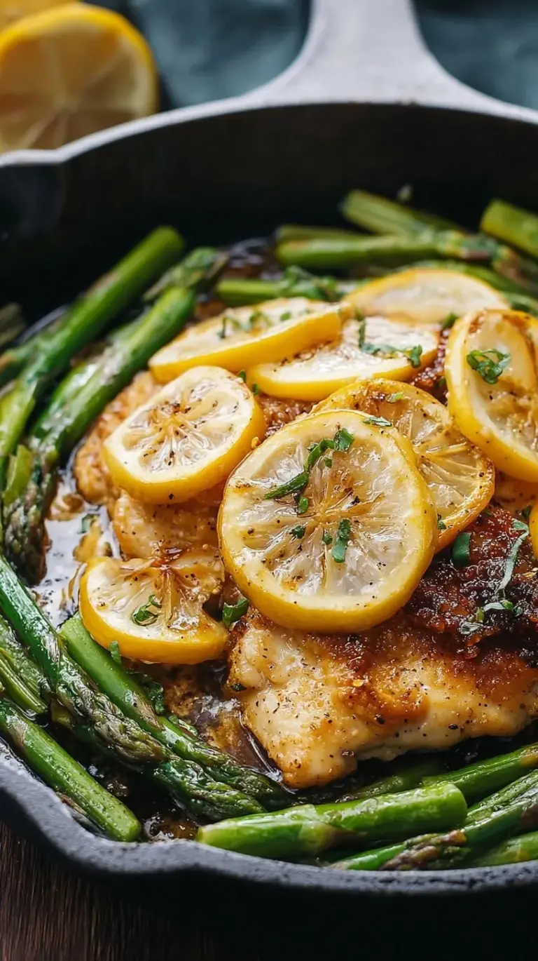 Golden pan-seared chicken thighs with green asparagus and lemon slices in a skillet