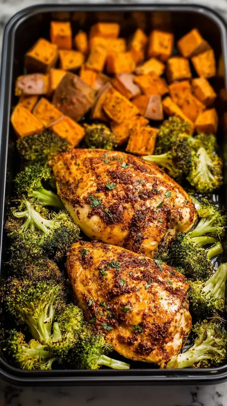 A sheet pan filled with golden roasted chicken cubes, tender sweet potatoes, and charred broccoli florets.